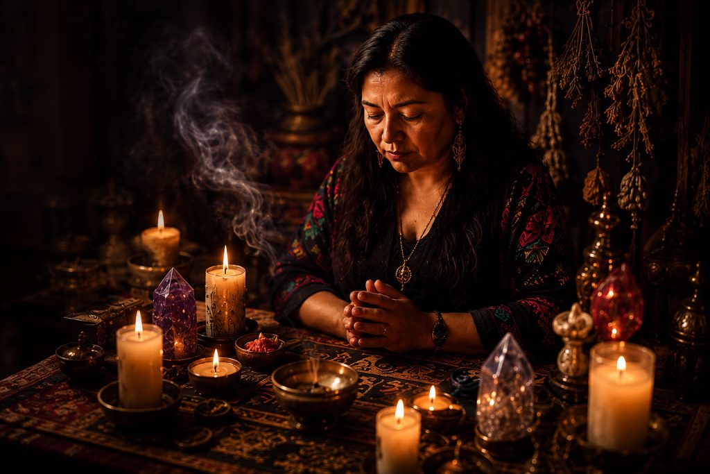 Maestra Aymara realizando ritual espiritual de amor y protección energética
